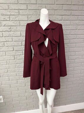 Nine West Women’s Burgundy Ruffle Tie-Waist Statement Trench Jacket Size 4